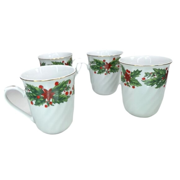 Set Of 4 Truly Tasteful Fine China Christmas Holly Berry Mugs 4.5" Tall Gold Rim - Picture 9 of 10